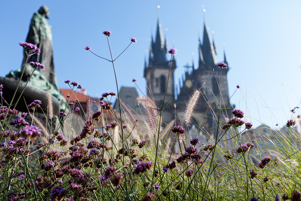 Jan-Hus-Denkmal und Theynkirche am Altstädter Ring in Prag